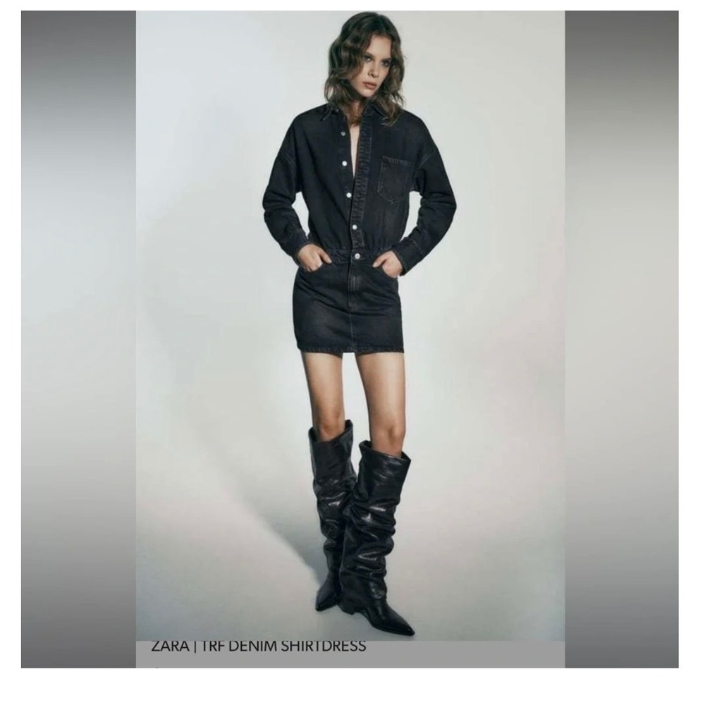 Zara TRF Black Denim Shirt Dress Long Sleeve Mini Snap Button Small S